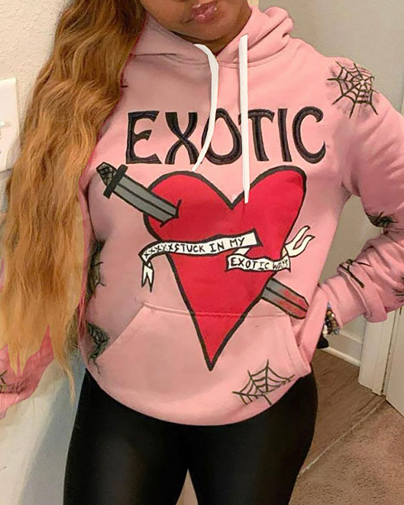 

Letter Heart Print Pocket Design Long Sleeve Hoodie, Pink