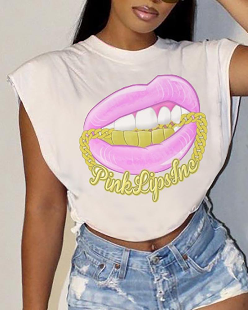 

Lip Print Cap Sleeve T-shirt, White