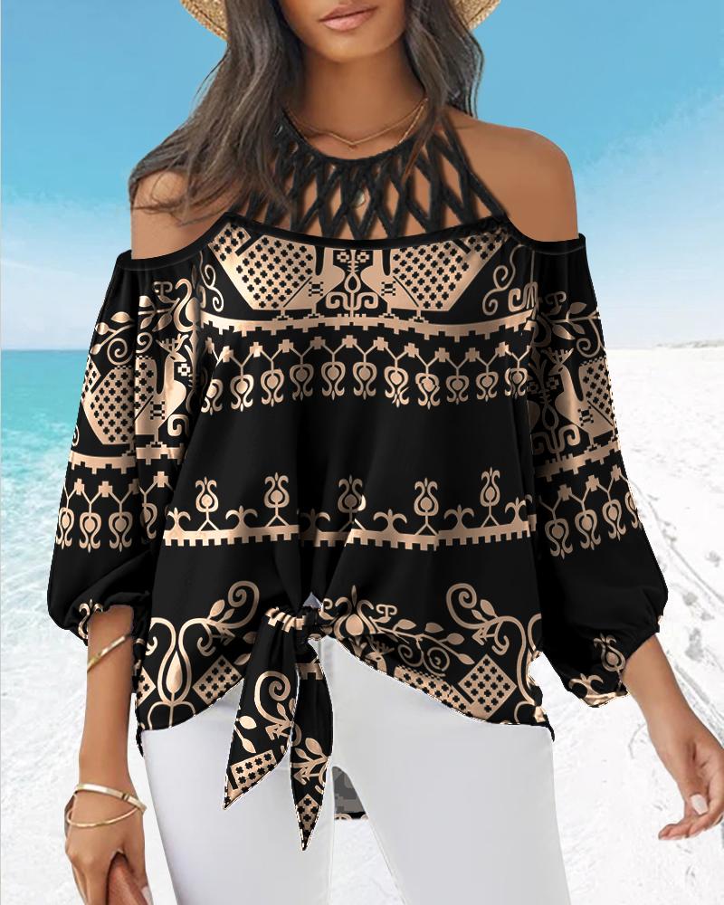 

Vintage Tribal Print Tied Detail Cold Shoulder Top, Black
