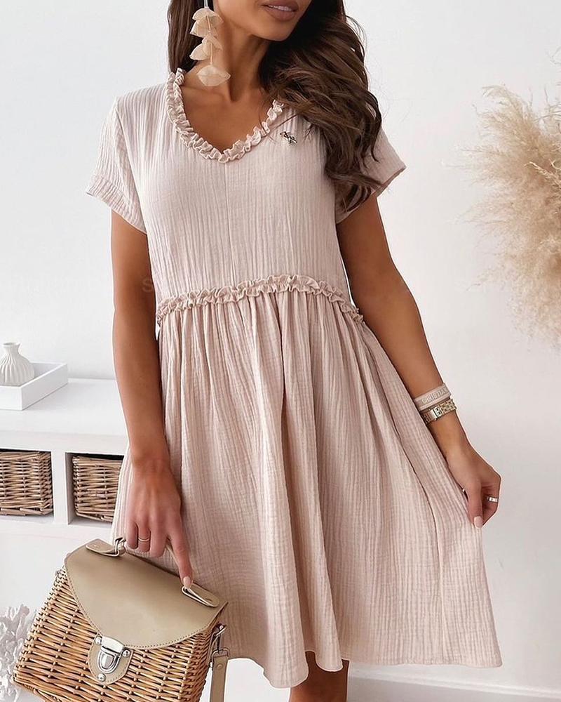 

Frill Hem V-Neck Short Sleeve Casual Dress, Apricot