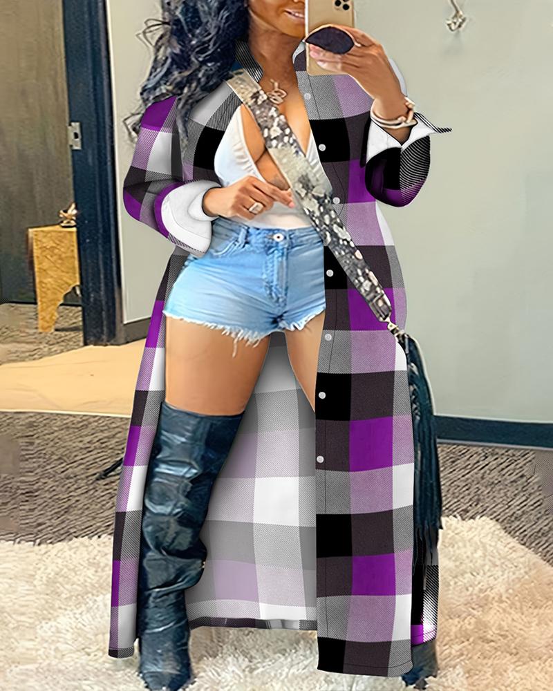 

Plus Size Plaid Print Buttoned Longline Coat, Purple