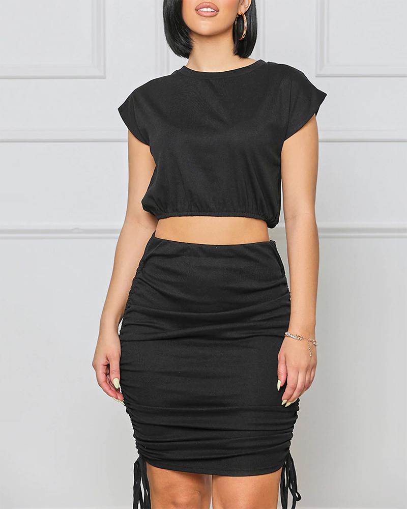 Plain Crop Top & Drawstring Ruched Skirt Set