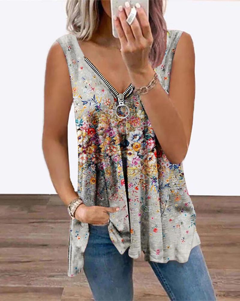 

Baroque Floral Print Zip Front Tank Top, Style2