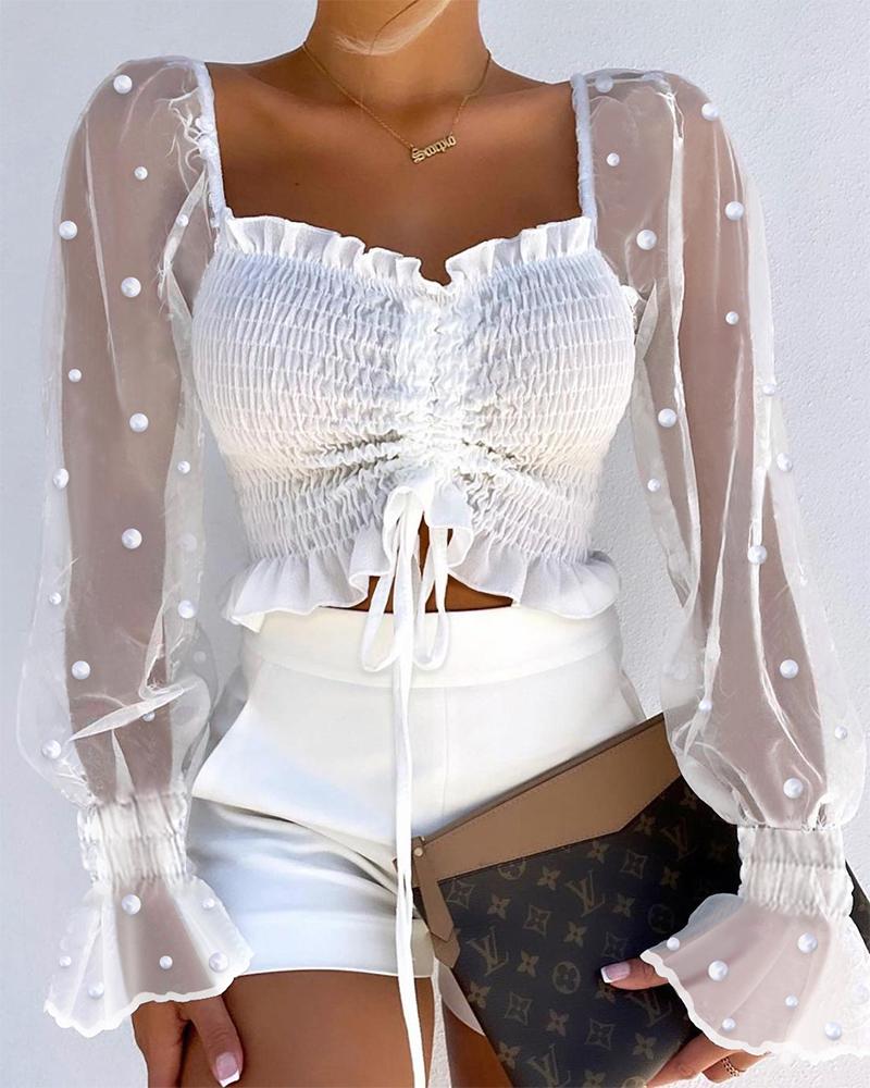 

Beaded Contrast Mesh Flounce Sleeve Frill Hem Drawstring Shirred Crop Top, White