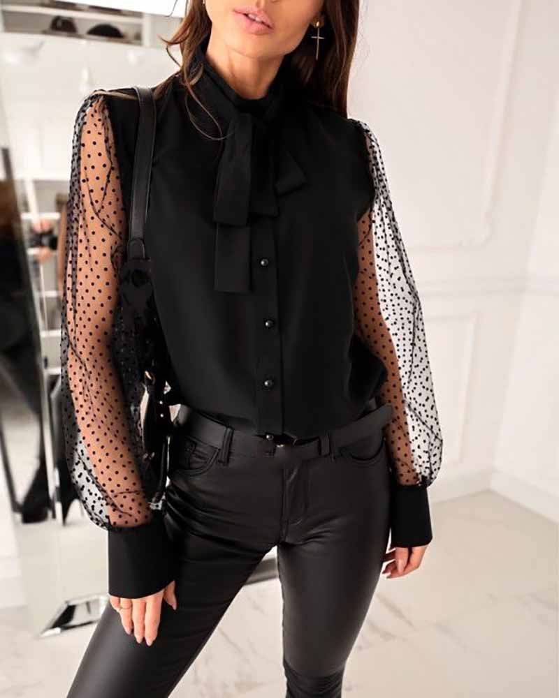 

Tied Detail Dot Mesh Long Sleeve Button Design Top, Black