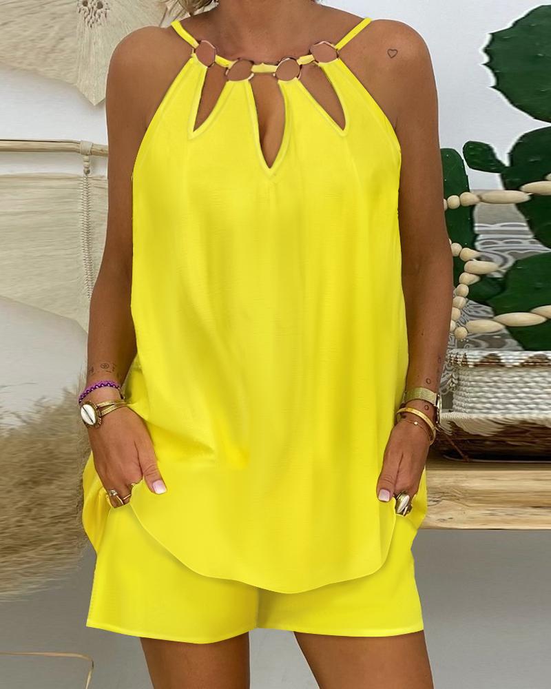

O-Ring Decor Sleeveless Top & Shorts Set, Yellow