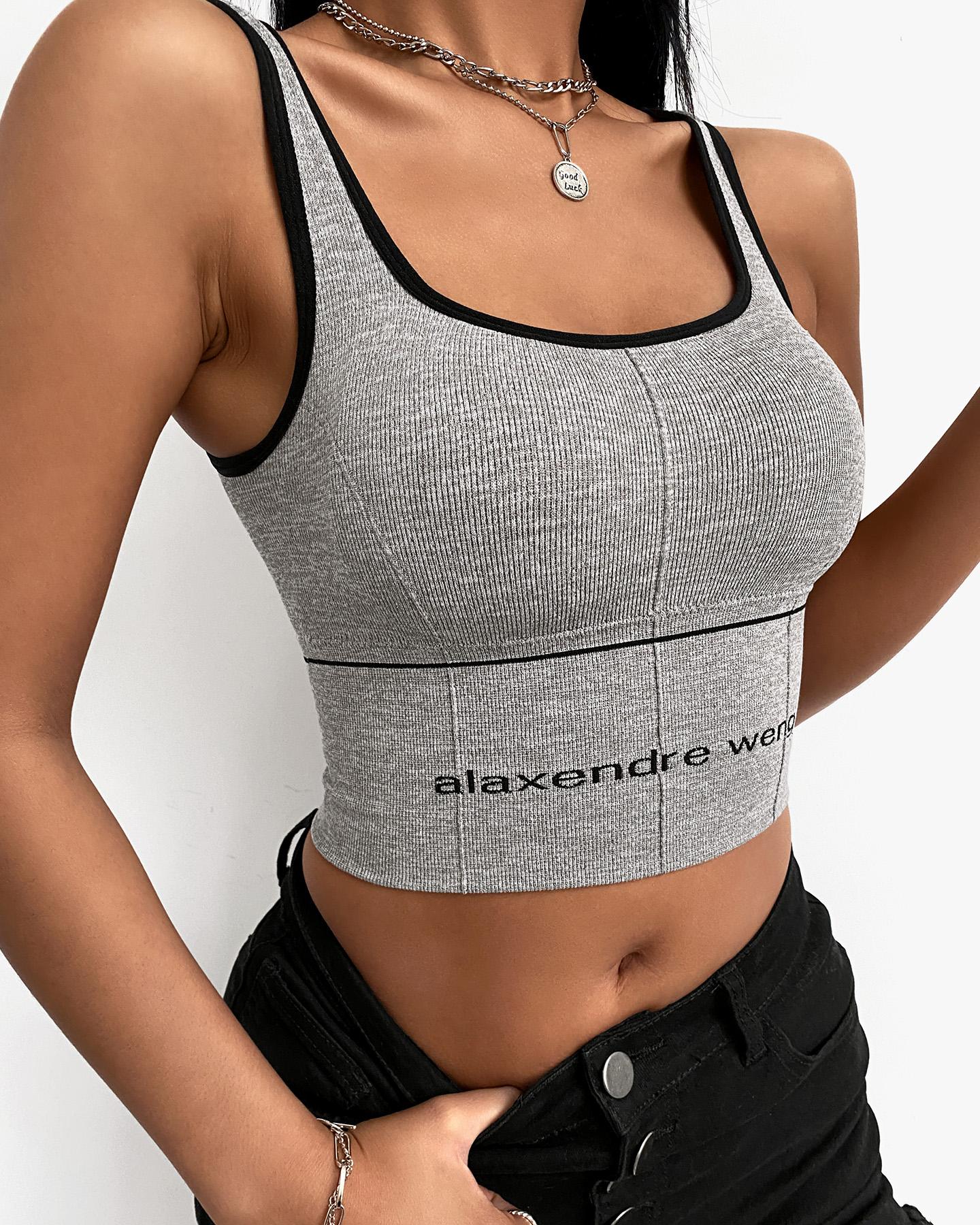 

Contrast Binding Square Neck Sleeveless Skinny Tank, Gray