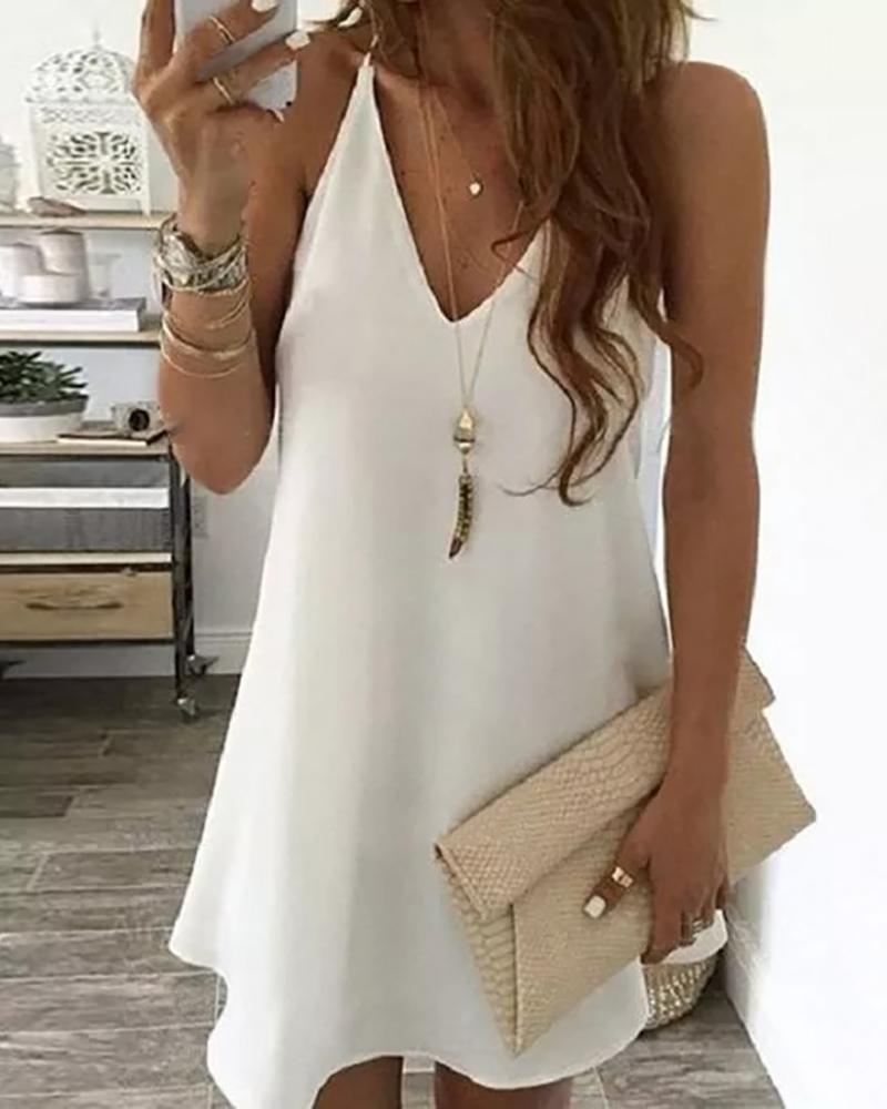 

Sleeveless V Neck Casual Dress, White