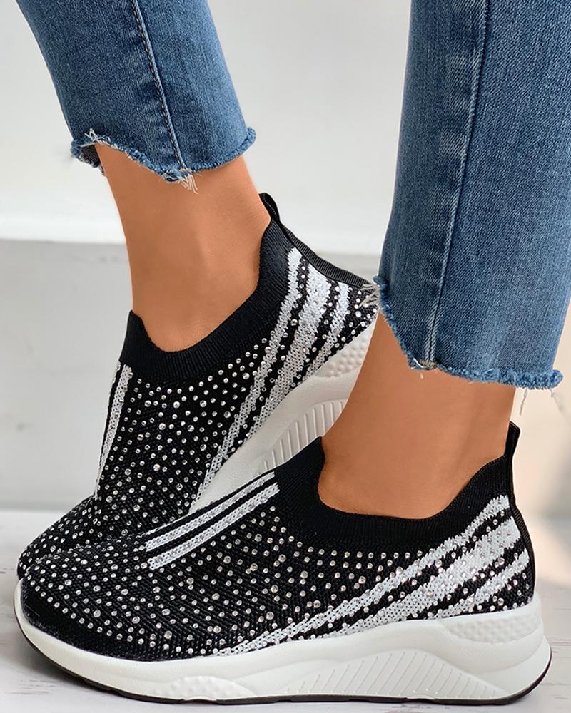 

Rhinestone Colorblock Knit Wedge Sneaker, Black