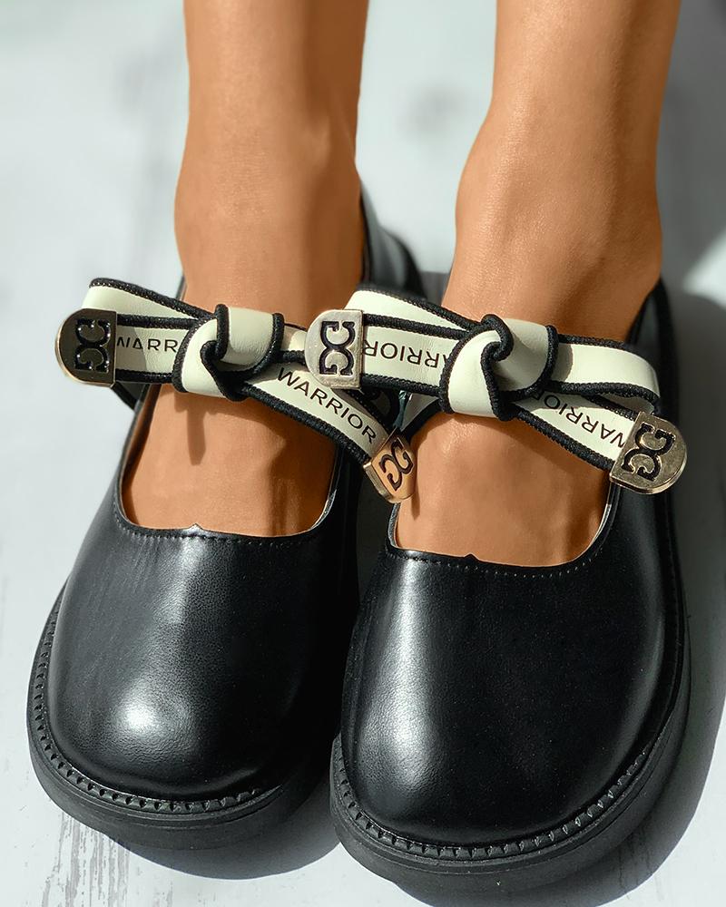 

Letter Print Strap Tied Detail Round Toe Slip On Shoes, Black