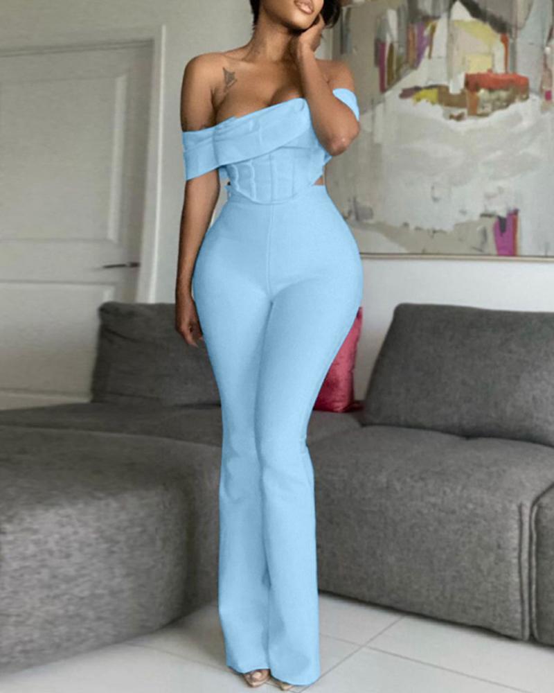 

Off Shoulder Corset Top & High Waist Bootcut Pants Set, Blue