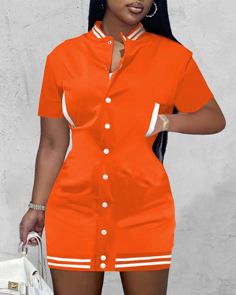 

Button Front Pocket Decor Contrast Paneled Dress, Orange
