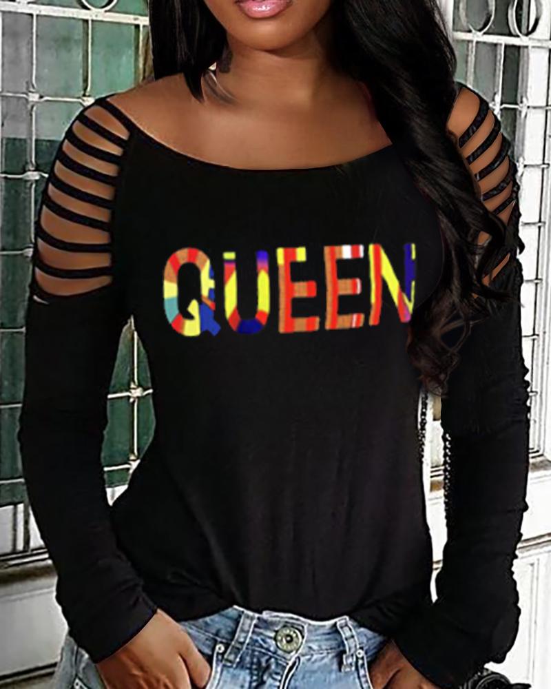 

Queen Print Cold Shoulder Top, Black