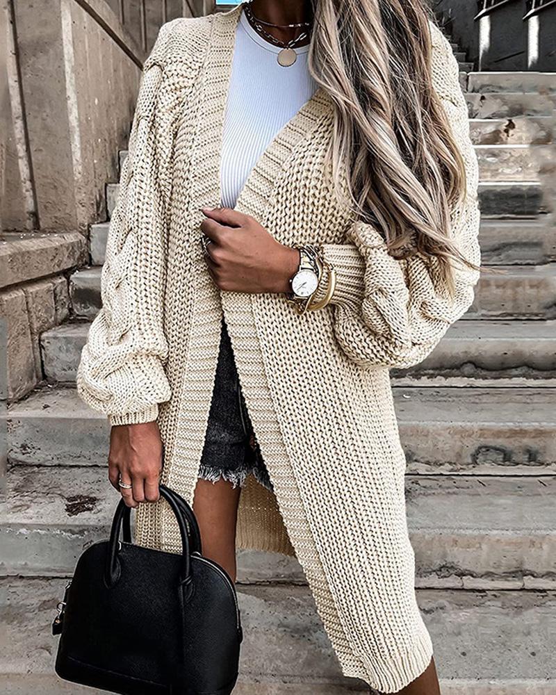 

Open Front Bishop Sleeve Cable Knit Longline Cardigan, White