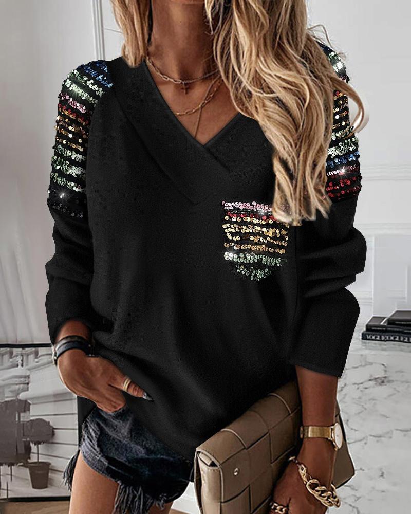 

Contrast Sequin Long Sleeve Top, Black