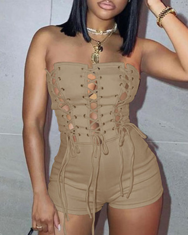 

Grommet Eyelet Lace-up Tube Romper, Khaki