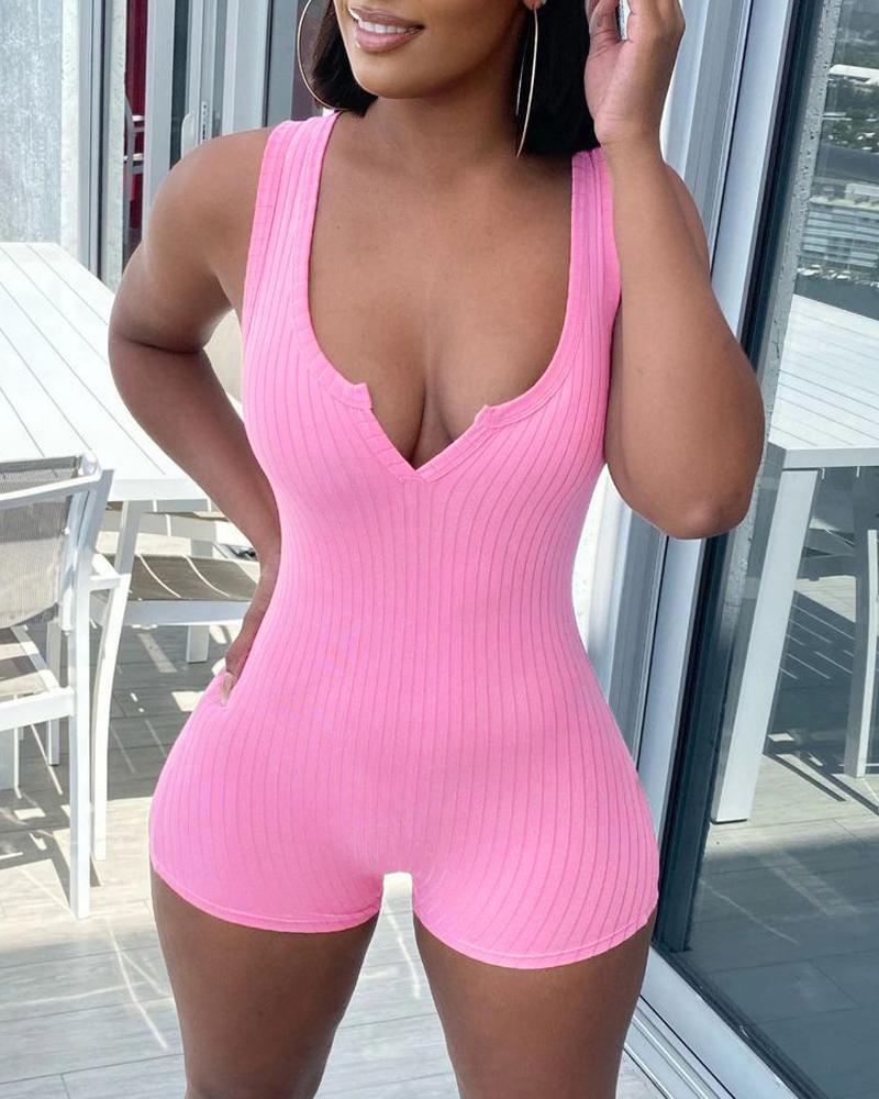 

Notch Neck Sleeveless Romper, Pink