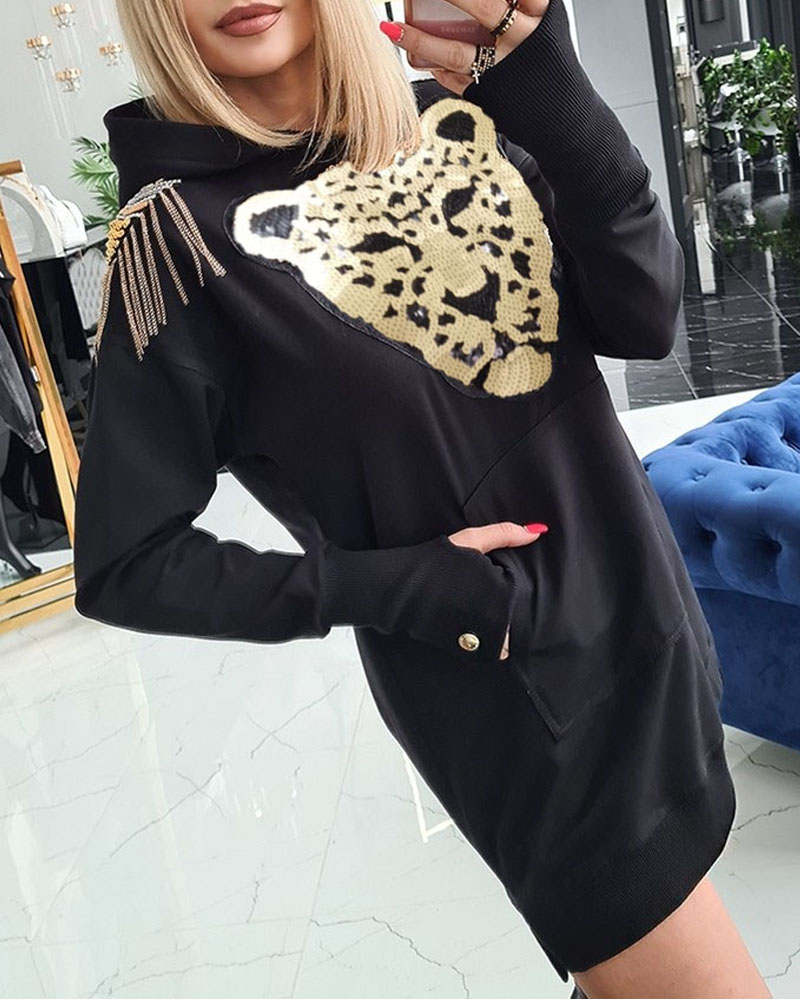 Robe sweat à capuche à motif animalier et sequins