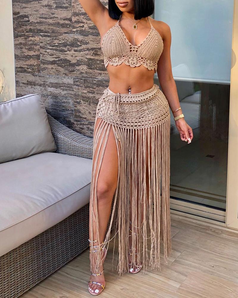 

Halter Tassel Design Cover Up Set, Khaki