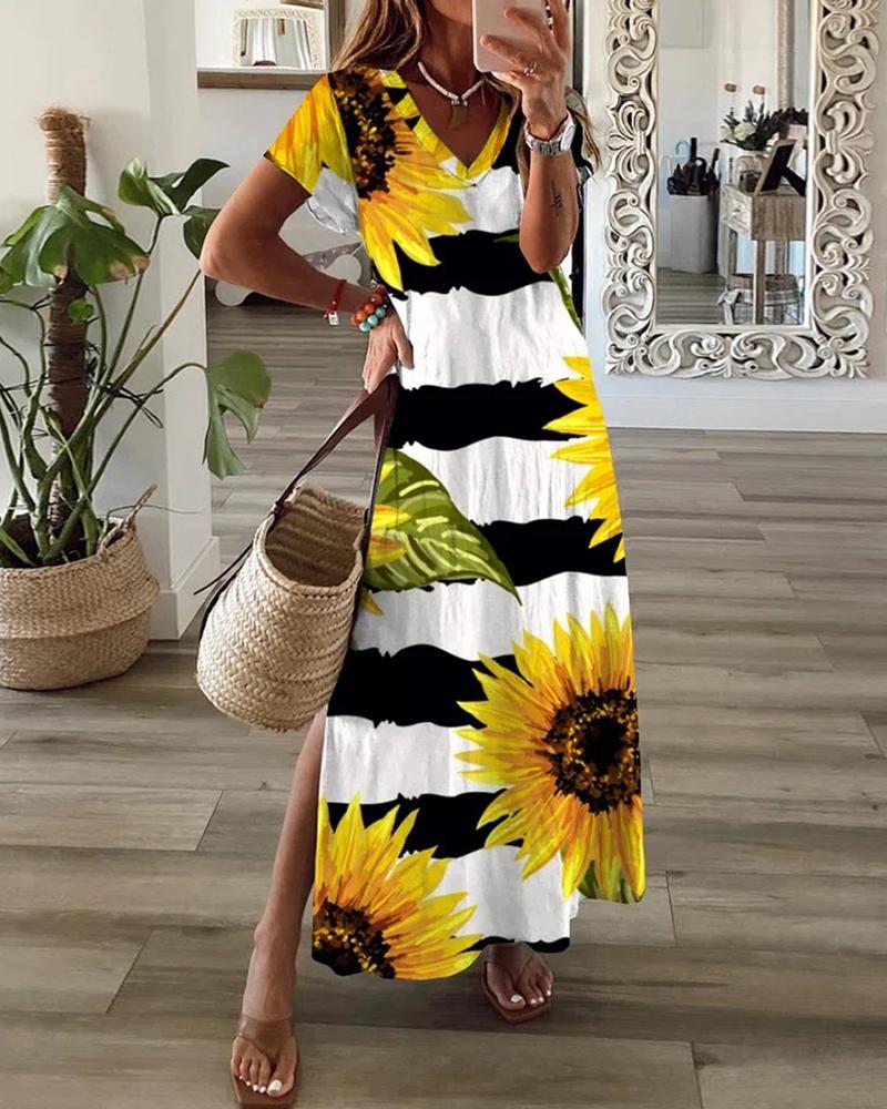 

Sunflower Striped Print Slit Casual Maxi Dress, Yellow