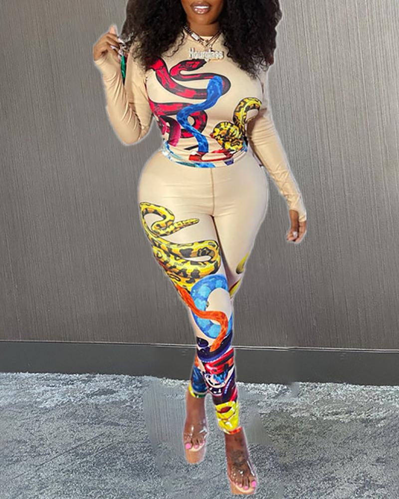 

Snake Print Long Sleeve Top & High Waist Pants Set, Khaki