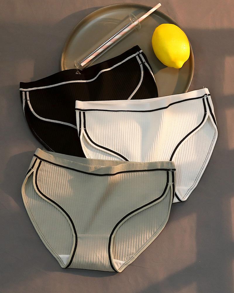

3PCS/Set Mid Waist Contrast Binding Breathable Panty, Gray