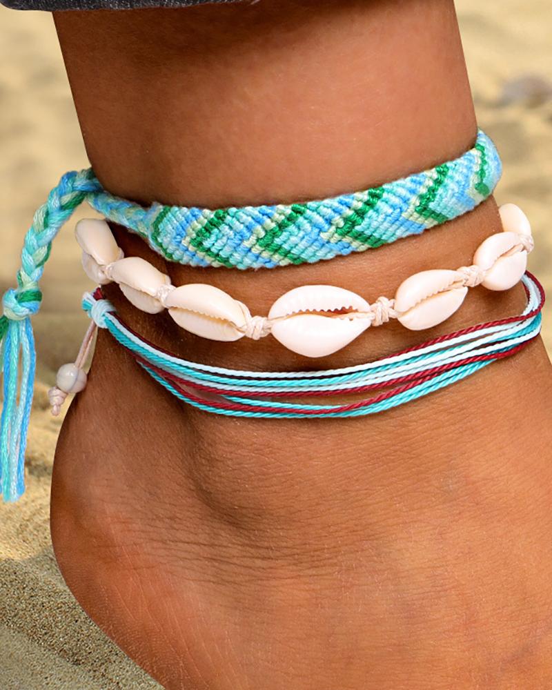 

3pcs Tribal Shell Pattern Colorful Braided Clan Anklets, Style1