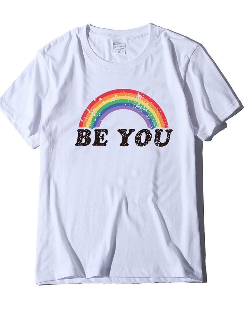 

Rainbow&Letter Print Short Sleeve T-shirt, White