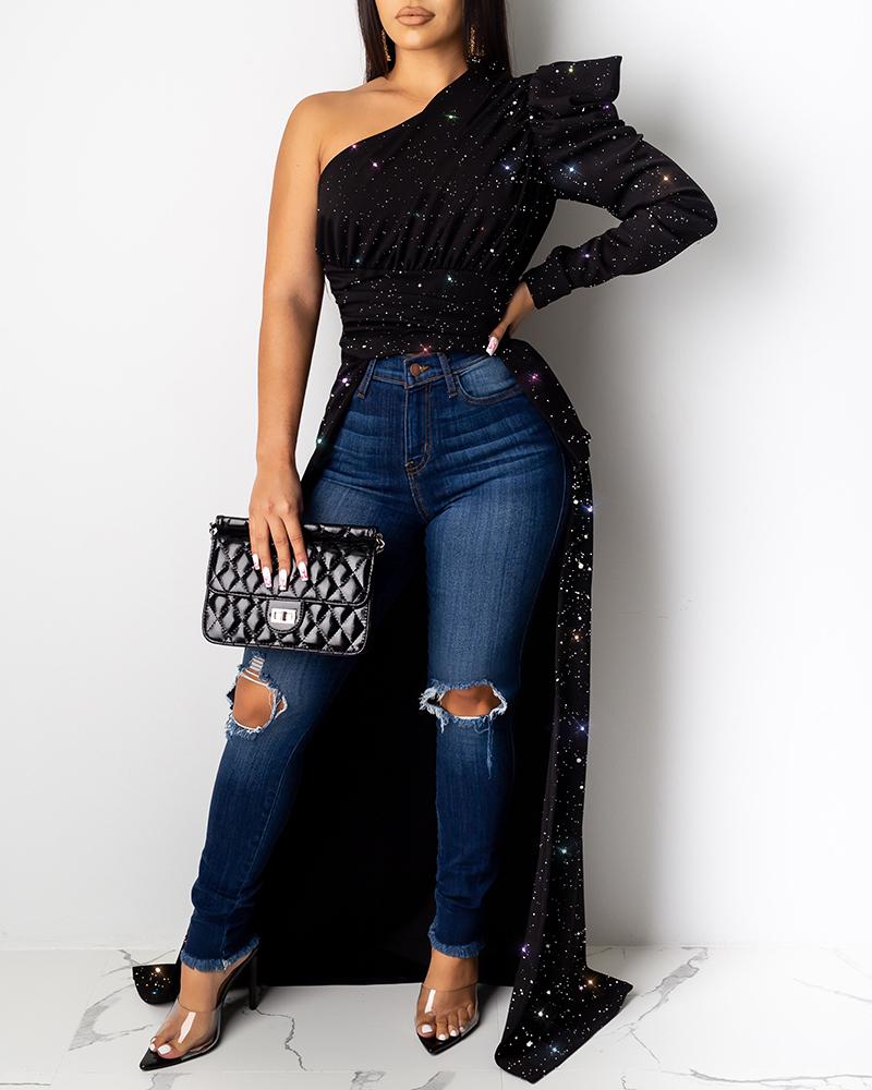 

Glitter One Shoulder Asymmetrical Long Sleeve Blouse, Black