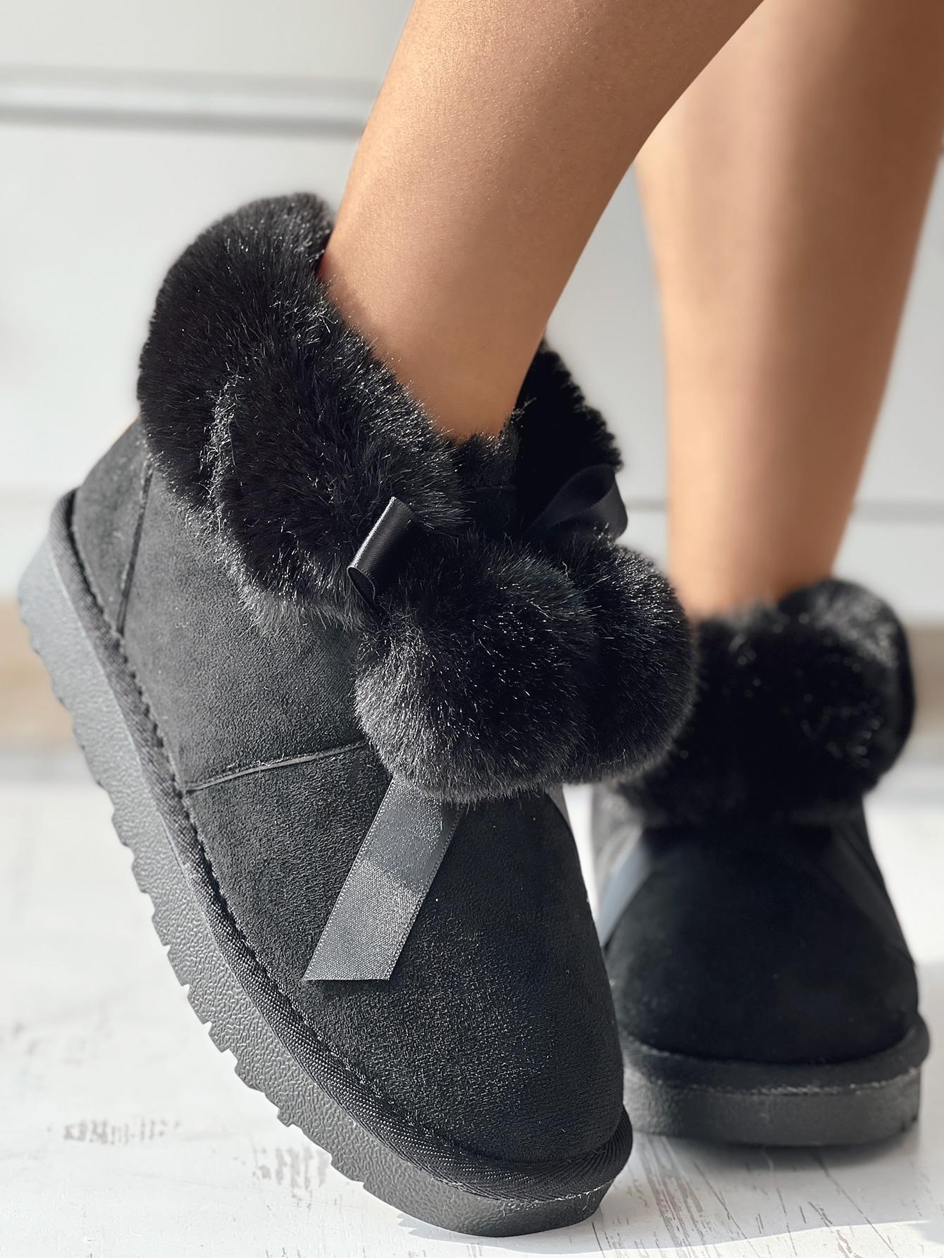 

Fuzzy Trim Lined Pom Pom Snow Boots, Black