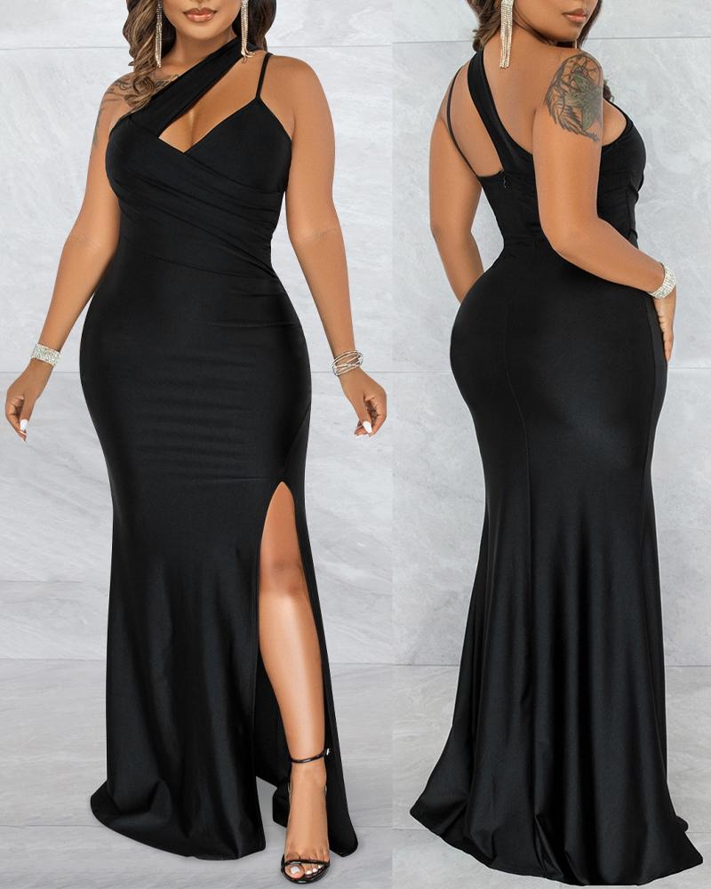 

One Shoulder Split Thigh Prom Dress, Black