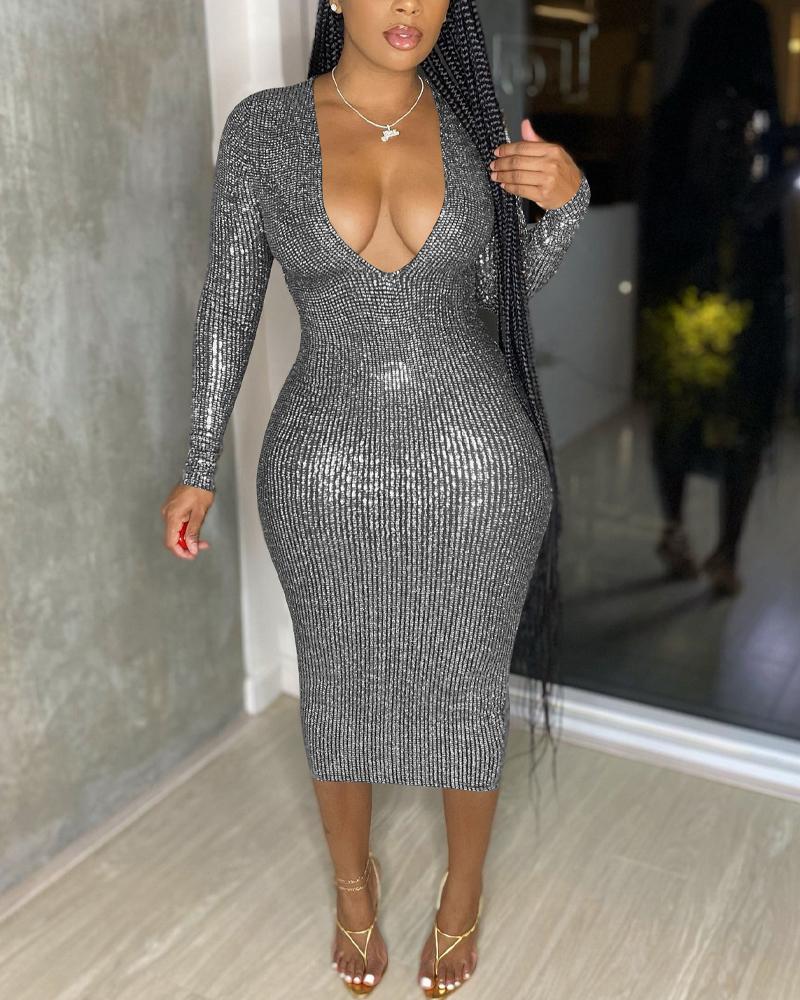 

Metallic Deep V-Neck Long Sleeve Bodycon Dress, Silver