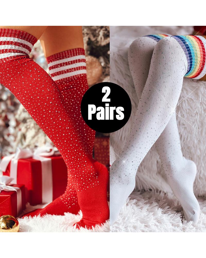 

Lot de 2 paires de chaussettes longues rayées au-dessus du genou avec décoration en strass, Style1