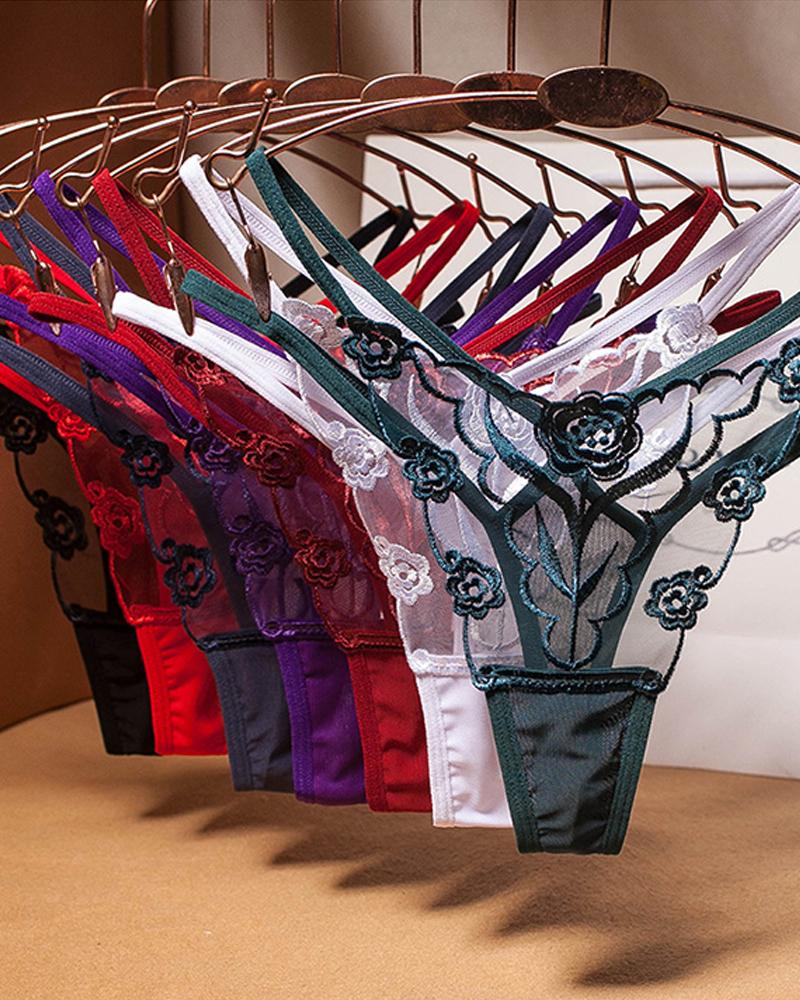 

Sheer Mesh Floral Pattern Lace Thong, Dark green