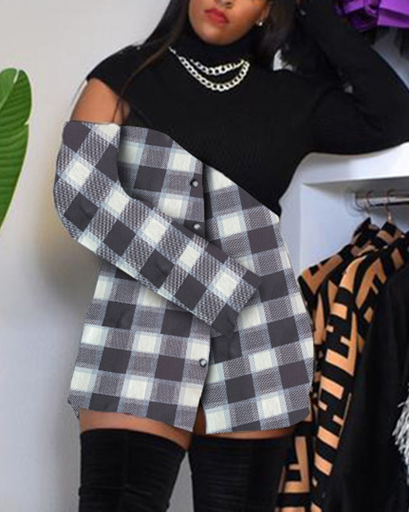 

Plus Size Plaid Print Patchwork Zip Detail Long Sleeve Top, Blackwhite