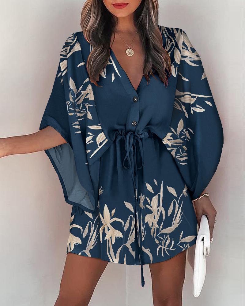 

Plants Print Button Front Drawstring Casual Dress, Dark blue