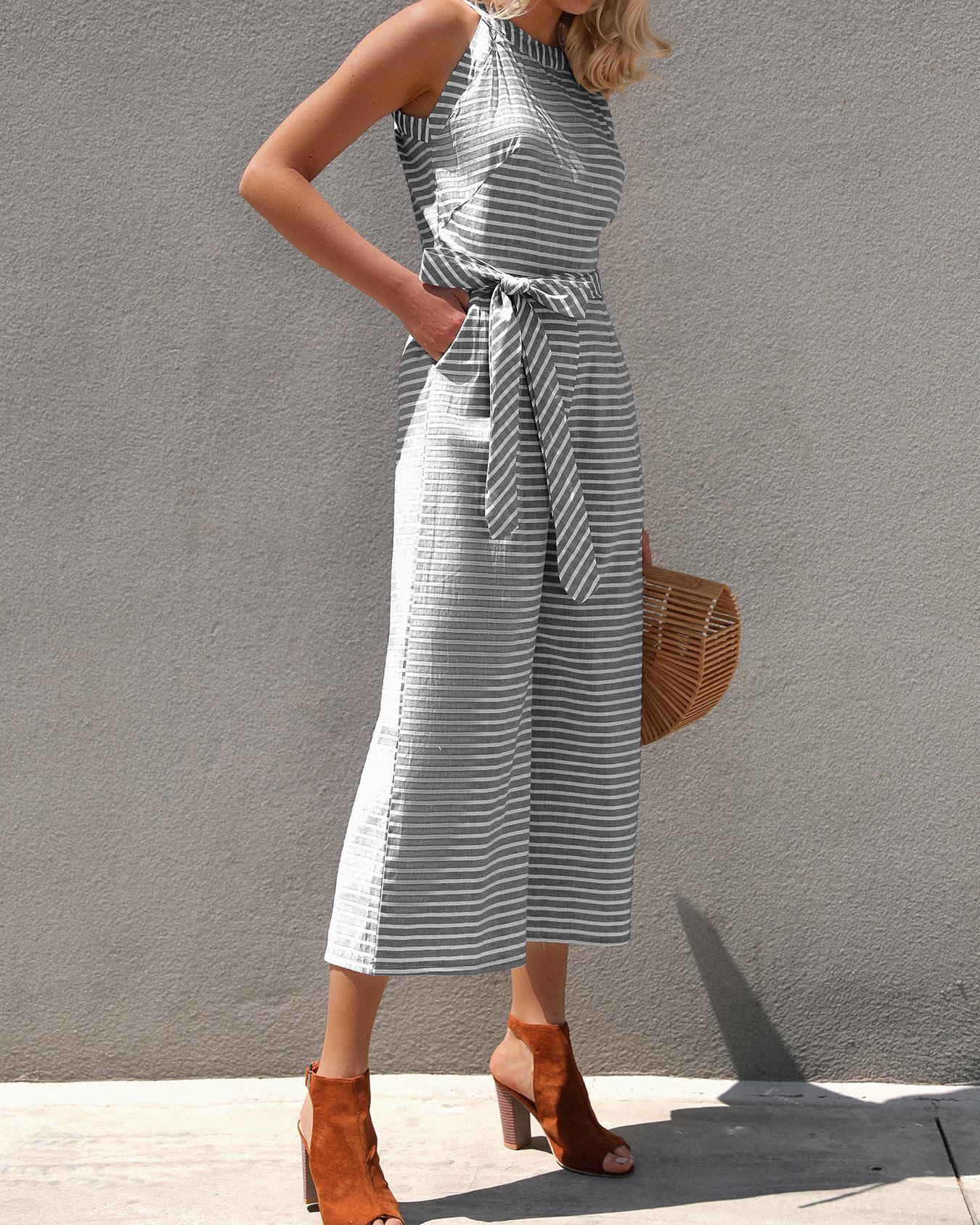 

Striped Waist Belted Wide Leg Jumpsuit, Gray