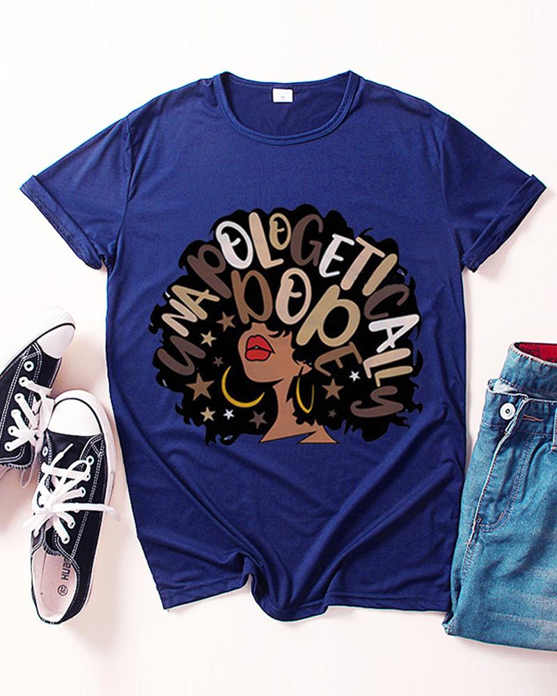 

Figure Letter Print Round Neck T-shirt, Dark blue