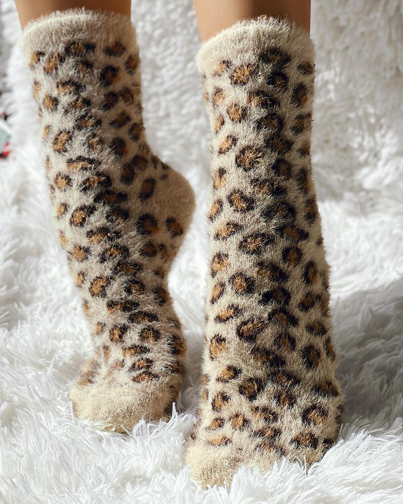 

Leopard Print Fluffy Socks Winter Warm Fuzzy Cozy Slipper Socks