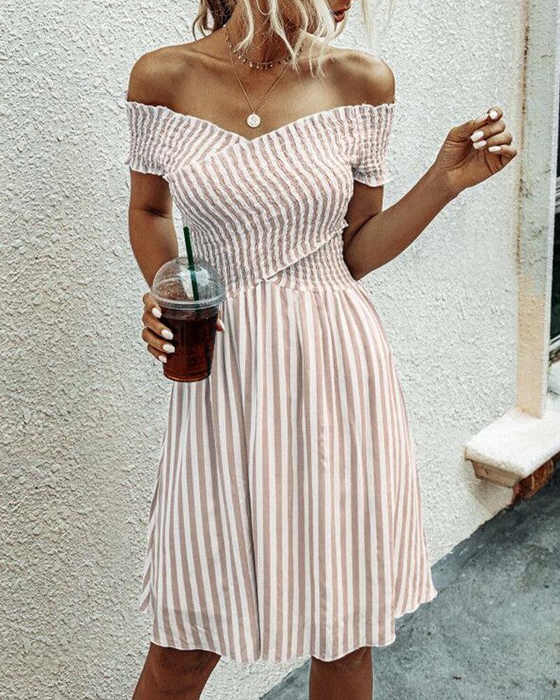 

Striped Off Shoulder Casual Dress, Pink
