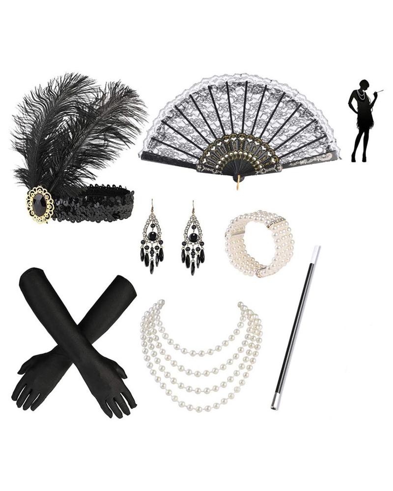 

7PCS 1920s Luxury Jewelry Set Gatsby Party Audrey Hepburn Flapper Girl Props Costume Accessories Set, Black