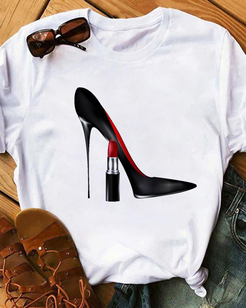 

Graphic Heel Lipstick Print Crew Neck Casual T-shirt, White