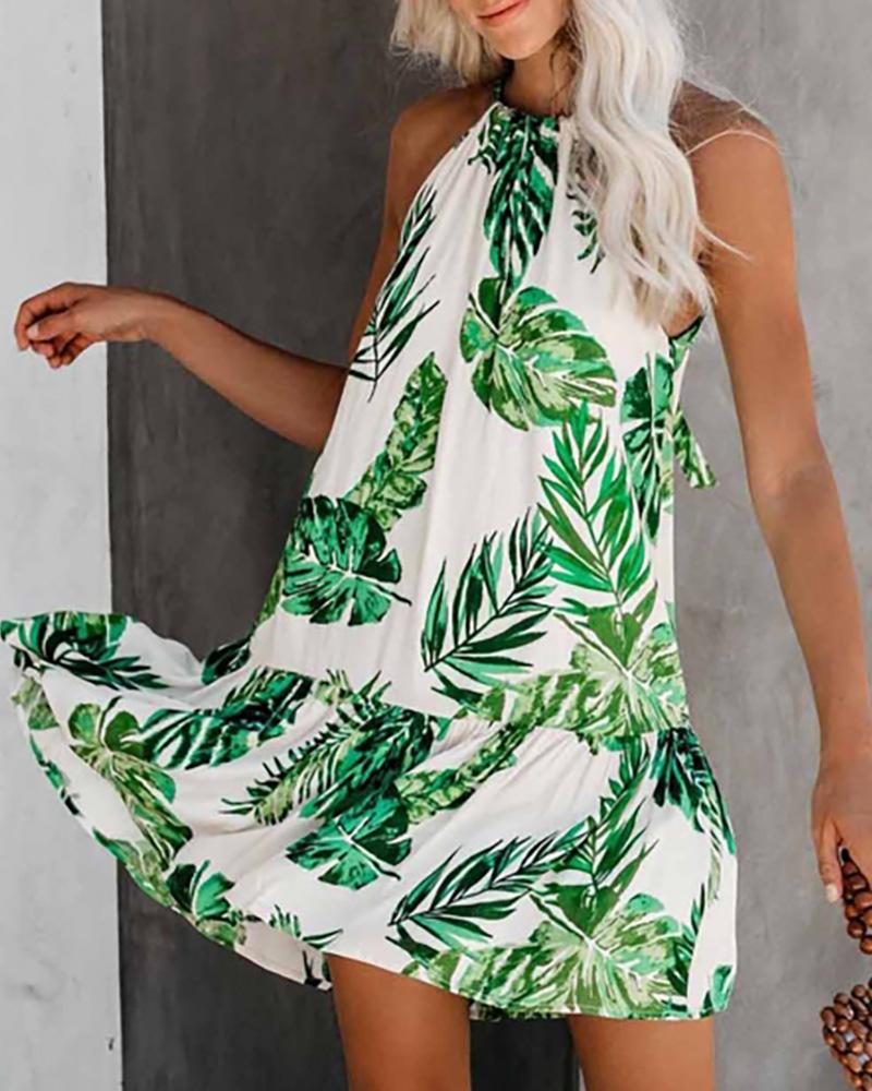 

Sleeveless Ruched Tropical Print Dress, White