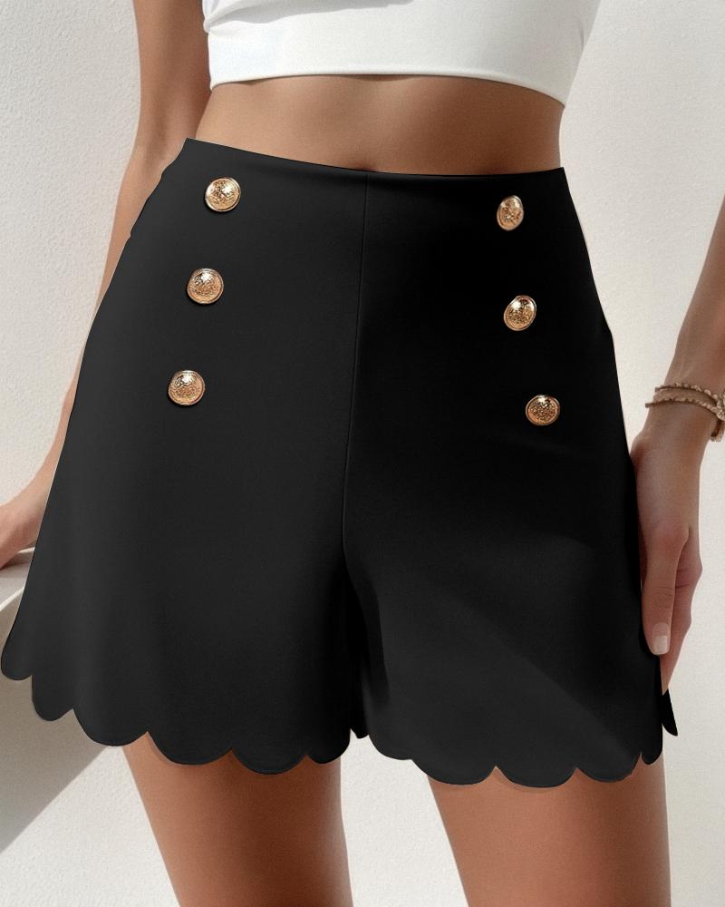 

Scallop Trim Button Decor Work Shorts, Black