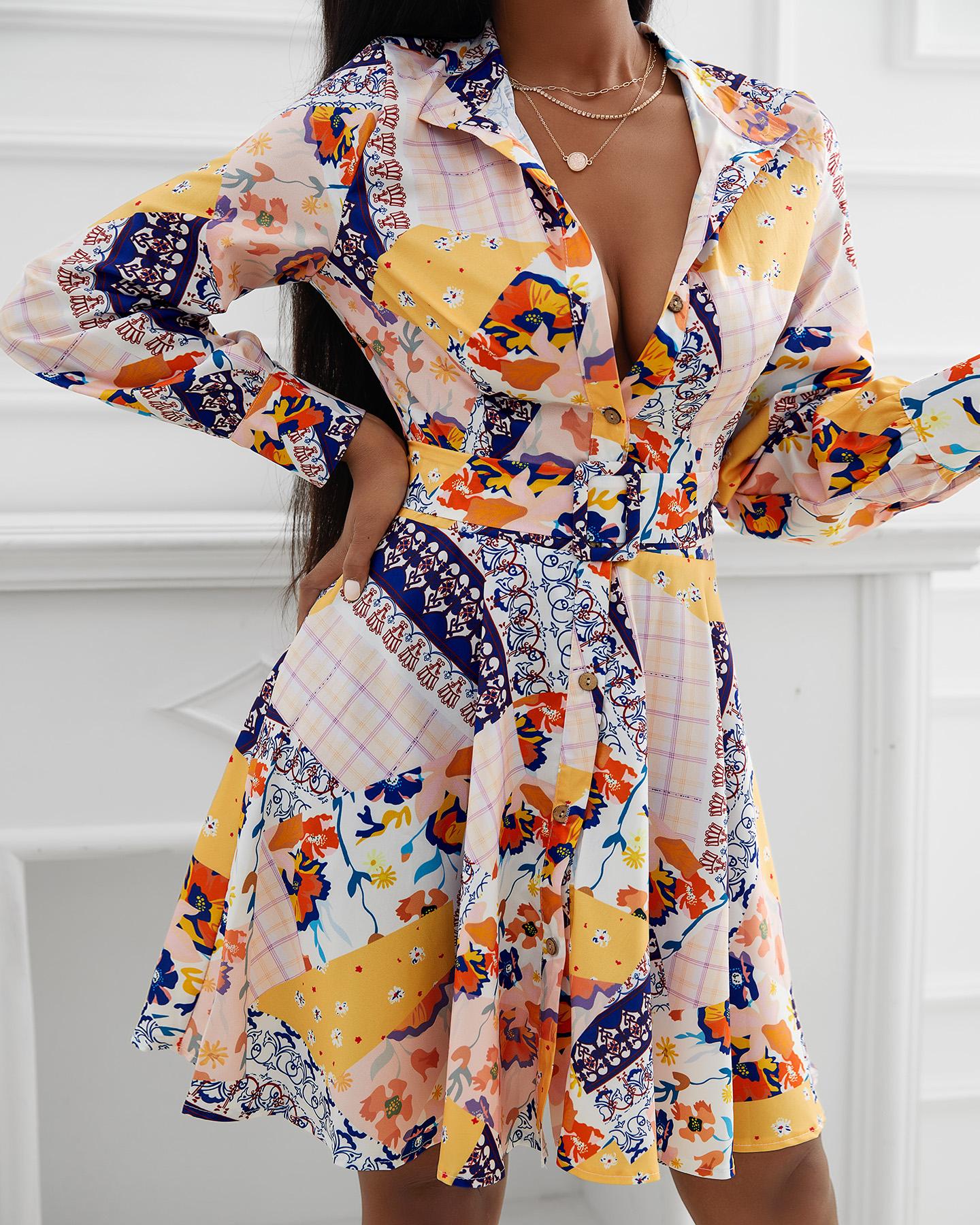 

All Over Print Button Down Shirt Dress With Belt, Multicolor
