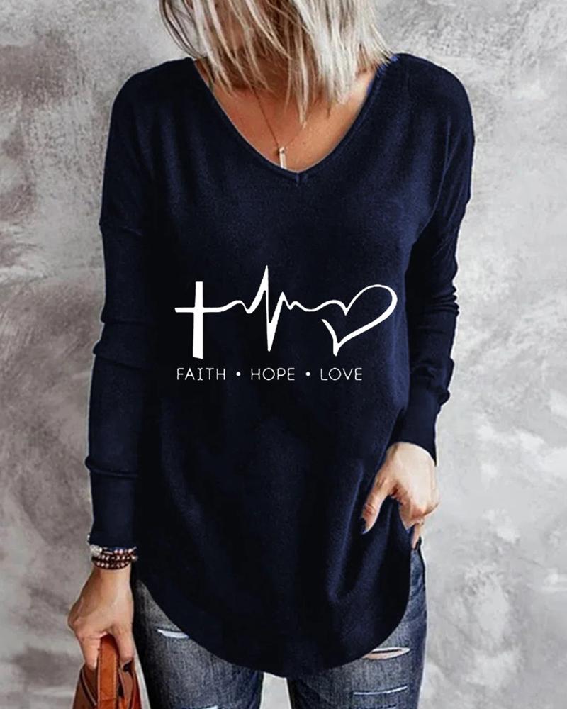 

Heart Letter Print Long Sleeve Top, Blue