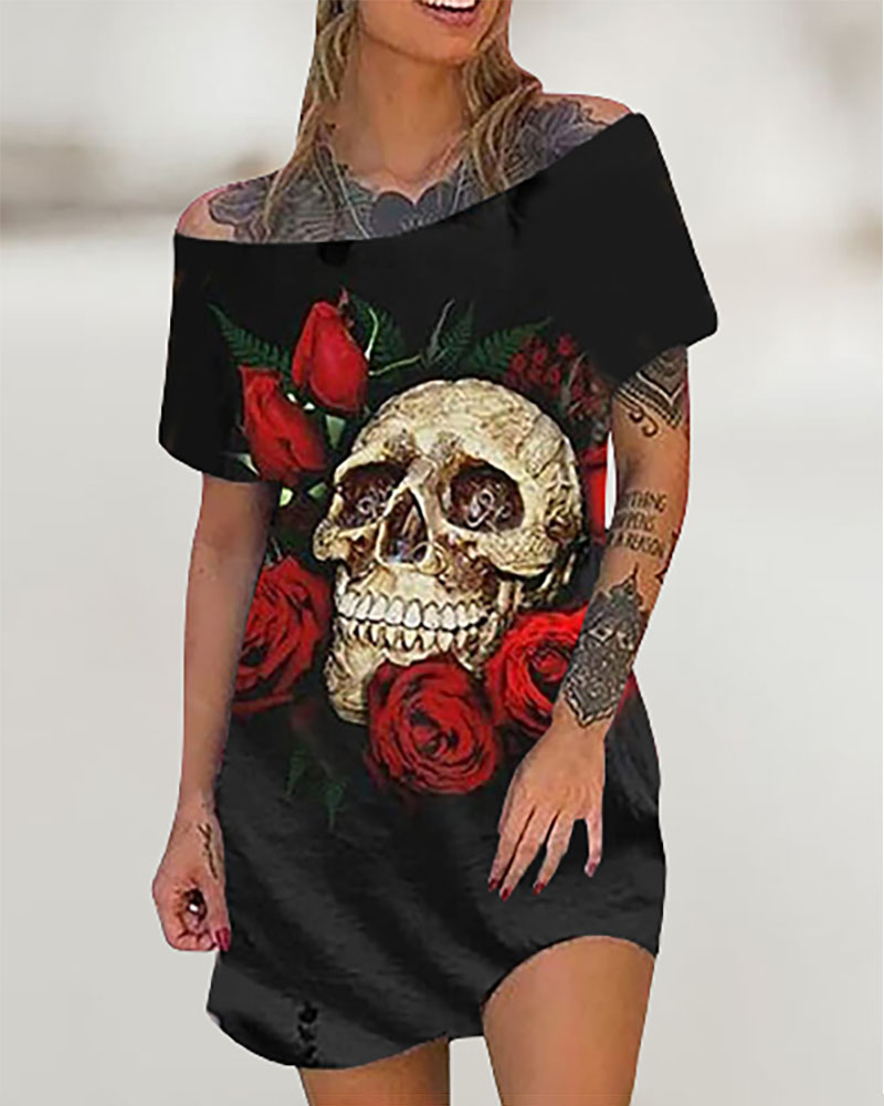 

Halloween Off Shoulder Skull Floral Print T-shirt Dress, Black