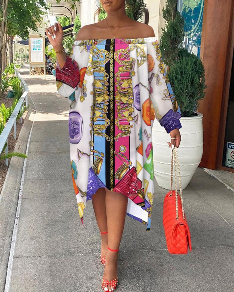 

Scarf Print Off Shoulder Dip Hem Dress, Multicolor