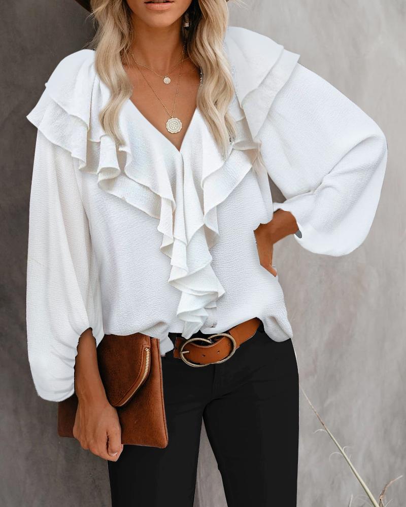 

Ruffles Hem Plain Lantern Sleeve Top, White