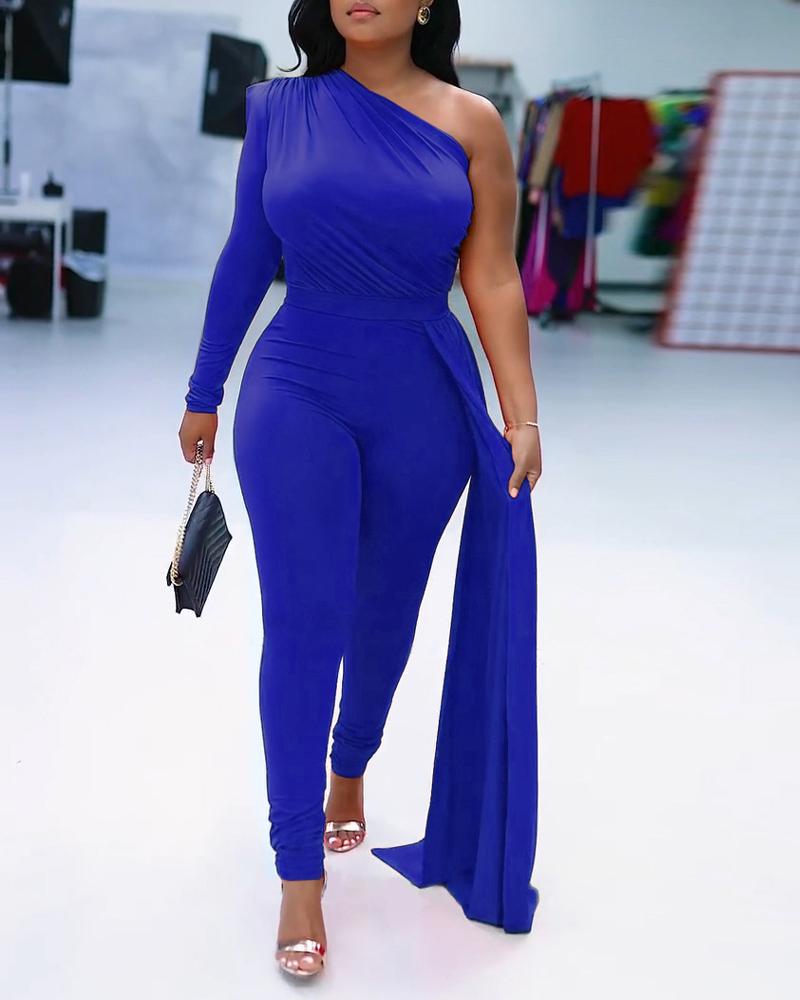 

One Shoulder Draped Detail Ruched Jumpsuit, Blue